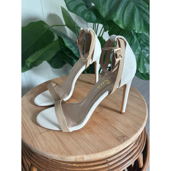 Lulus Snakeskin Heels Size 8 Ankle Strap Stilettos White Tan Pumps - Picture 7 of 11